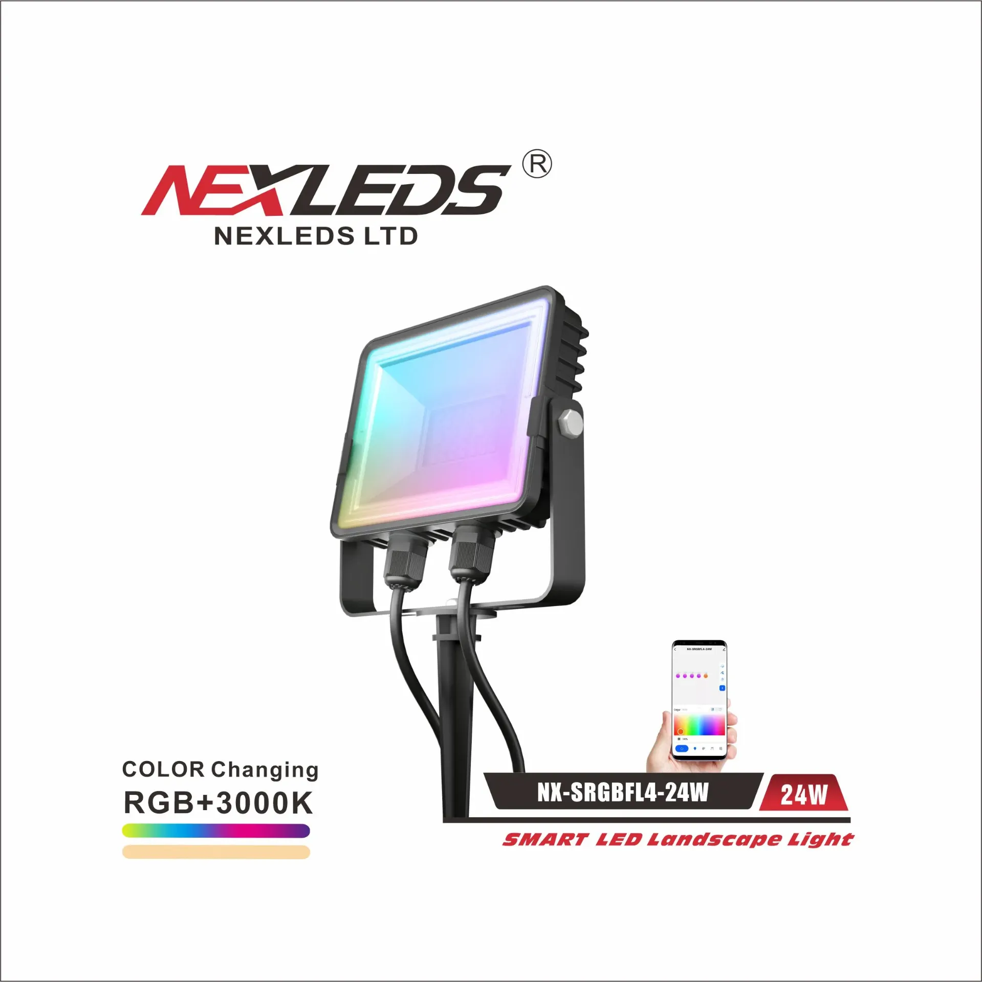 Nexleds Smart LED Landscape Light - 24W - 100240VAC - RGB+3000K - Black ...